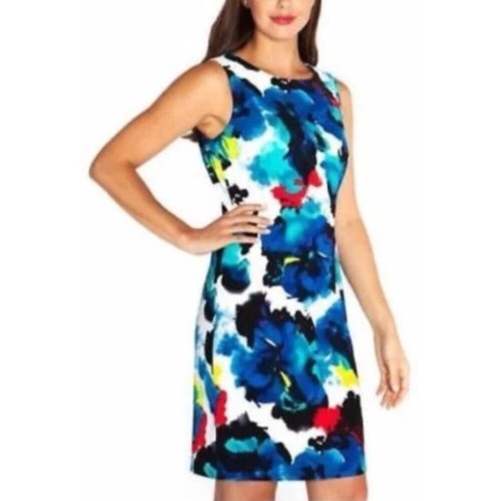 Mario Serrani Dress 12 Blue Red White Stretch Sheath Career Church Washable NEW